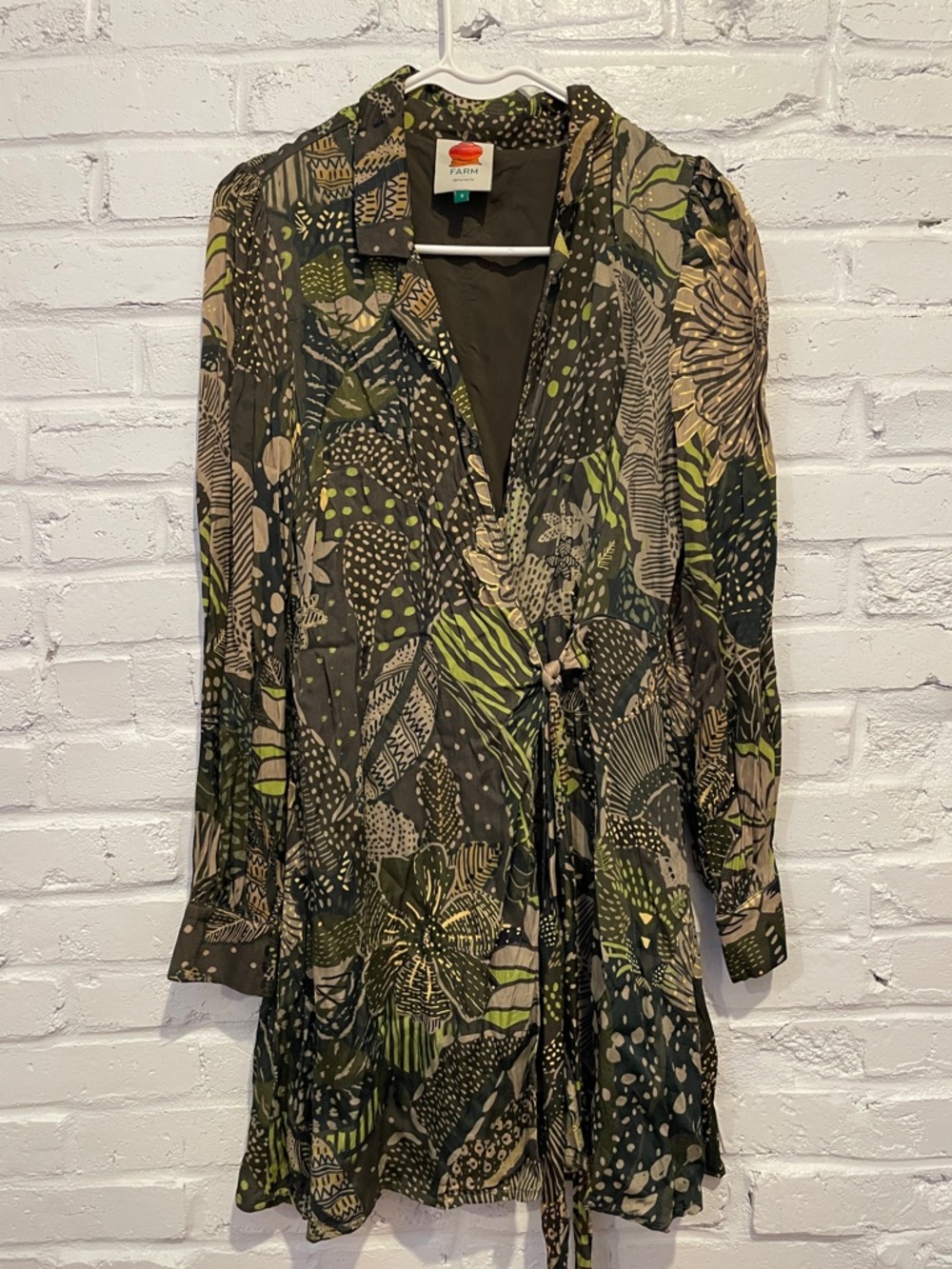 FARM Rio Olive, Green, & Beige Botanical Tropical Wrap Dress Beaded Belt Detail